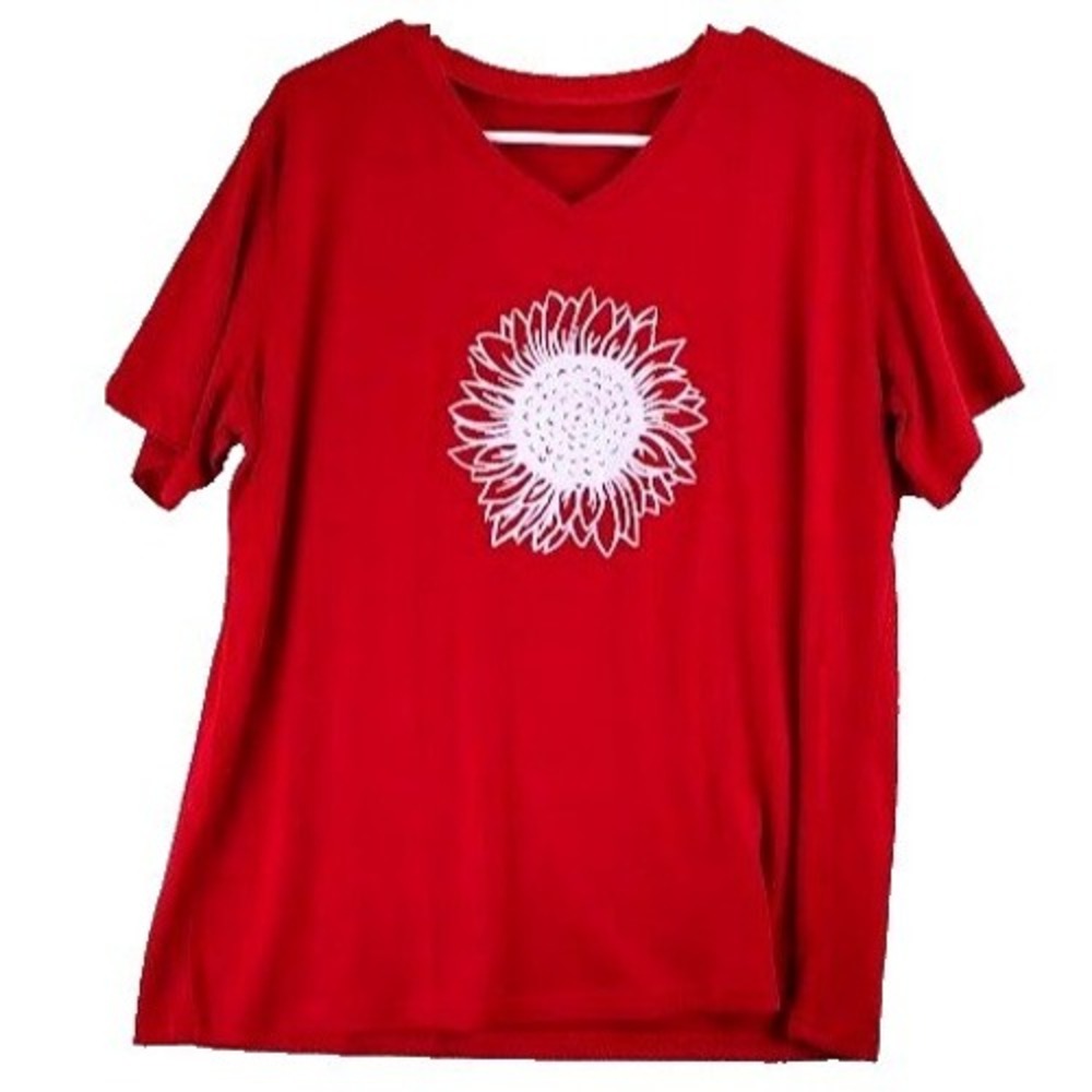 Red V Neck T Shirt Sunflower‎ Graphic Women's Size XL